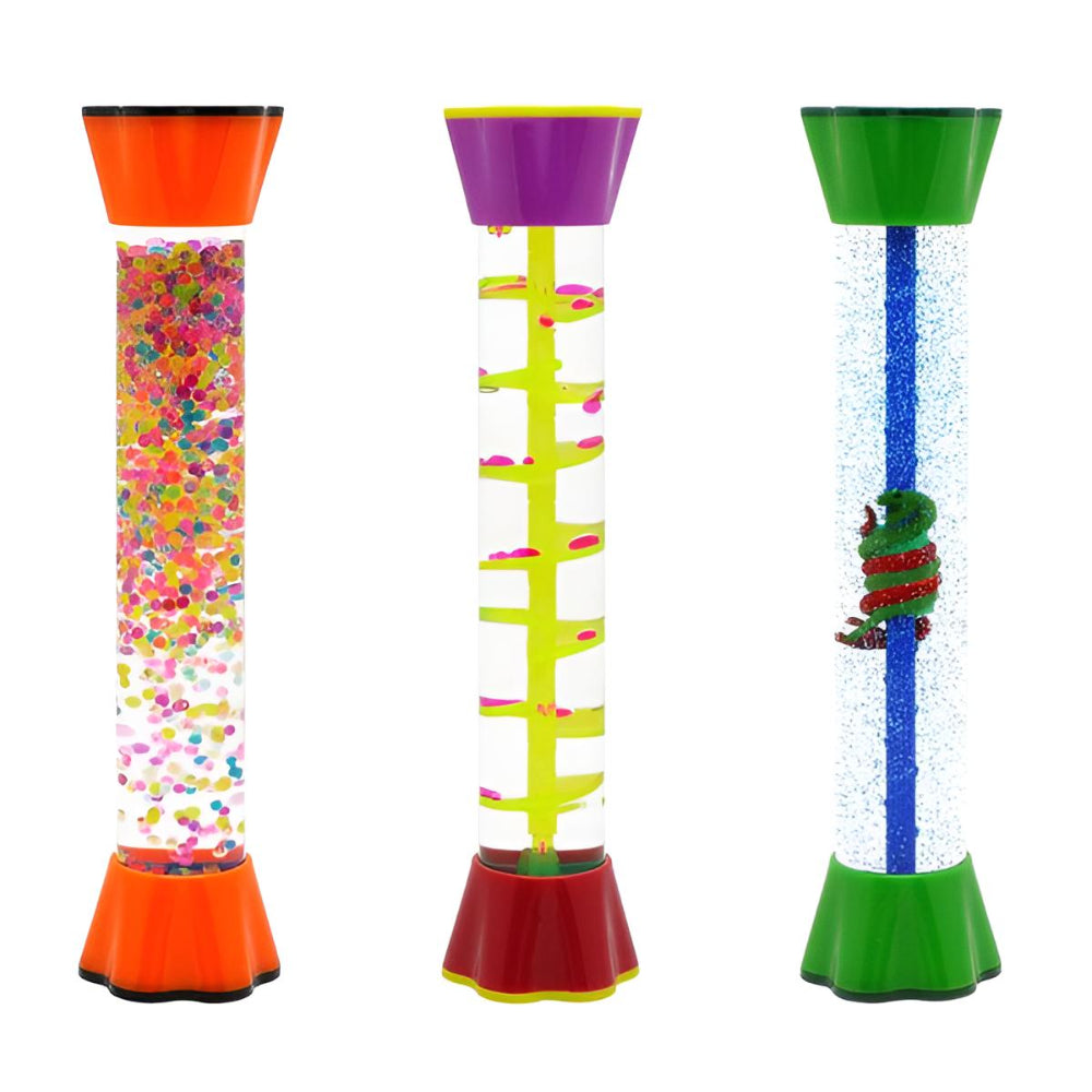 Three colorful plastic sensory tubes, shown on a plain white background. Each tube has a colored top and bottom cap and contains liquid and floating pieces or a snake-like element.