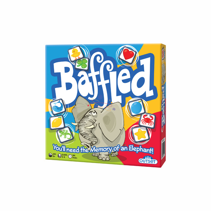 The box for the board game Baffled, with an elephant surrounded y game tiles with different symbols
