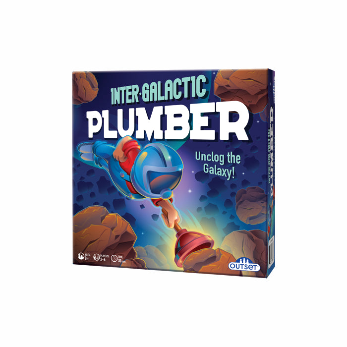 Box for the game Inter-Galactic Plumber, depicting a plumber in a spacesuit with a plunger and asteroids