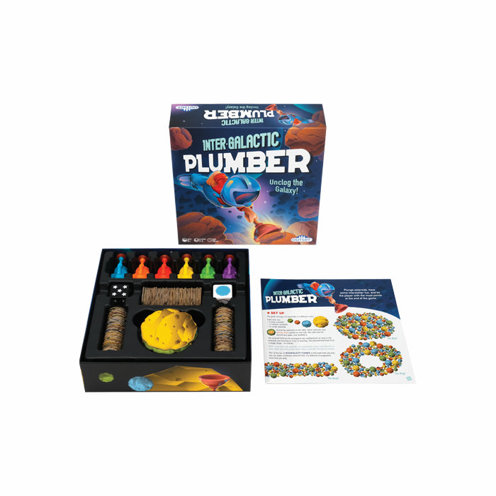 The Inter Galactic Plumber board game set displayed on a white background, showing the main product box, the open game tray with colourful player tokens, a yellow asteroid, and a printed instruction sheet.