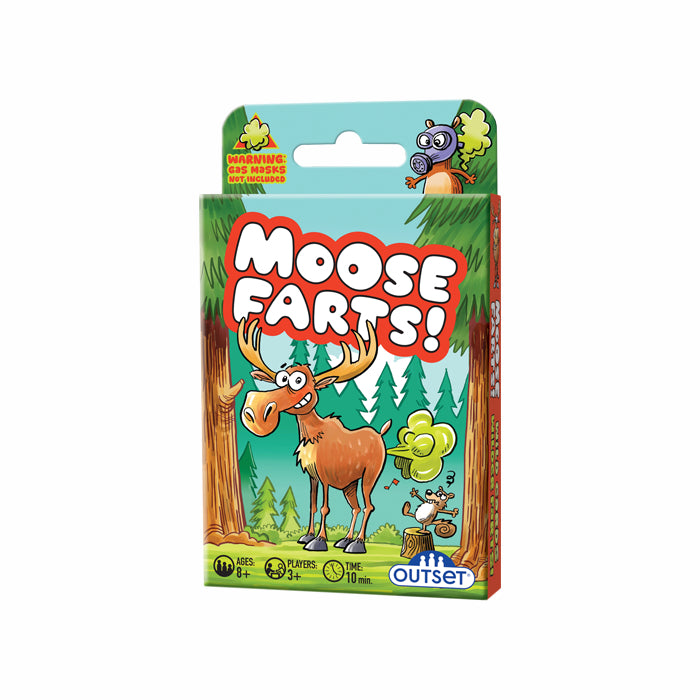 Box for the card game Moose Farts, depicting a cartoon moose farting in a forest