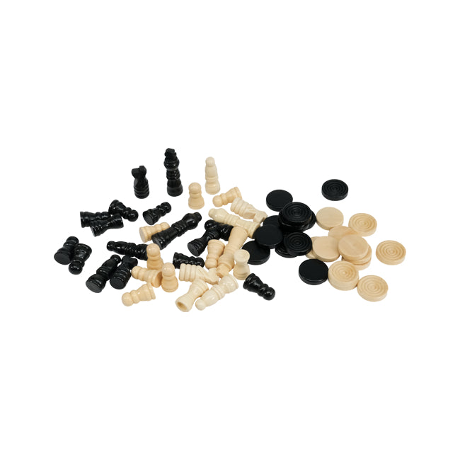 Assorted black and white wooden chess and draught pieces on a white background