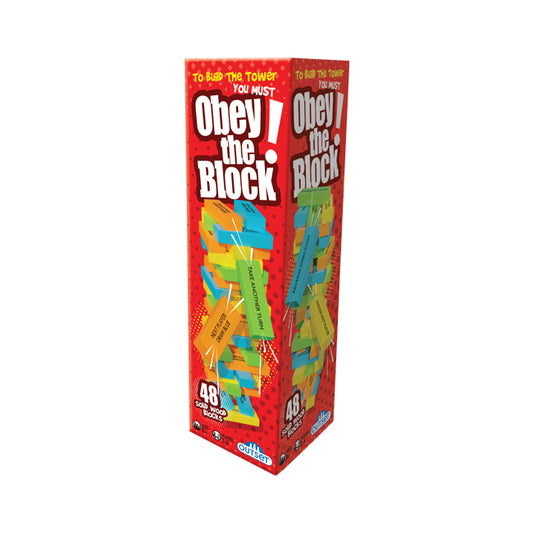 The box for Obey the Block game with colourful wooden tower pieces