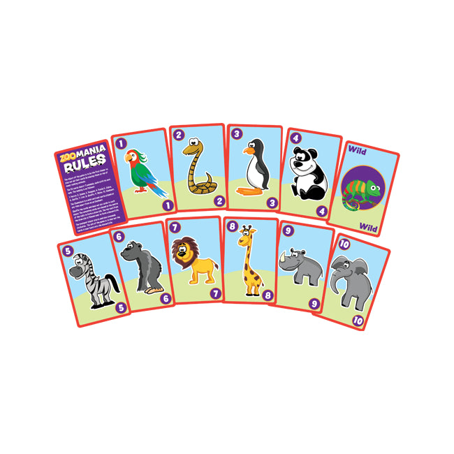 Set of animal-themed Zoo Mania cards with colourful illustrations on a white background