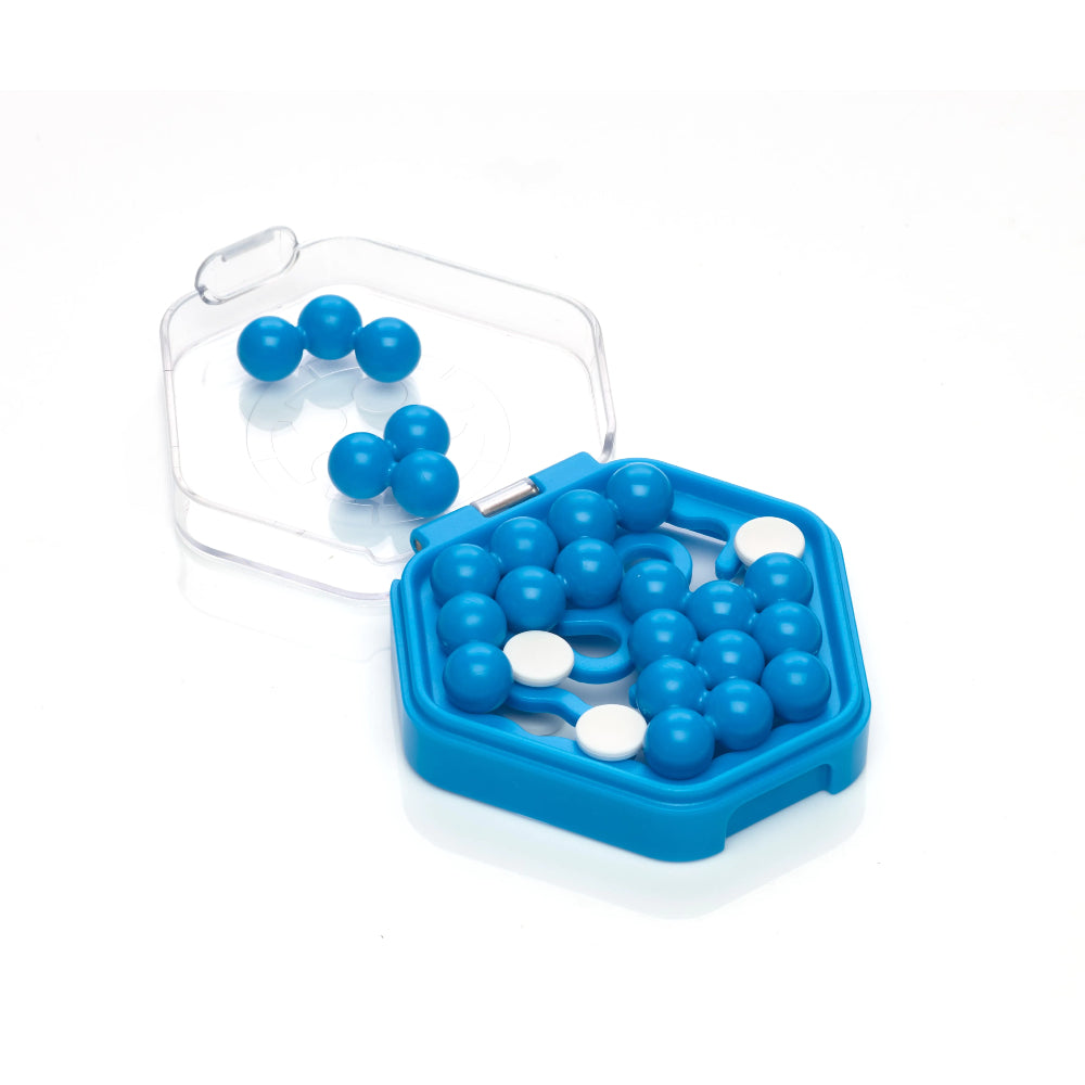 A blue IQ Mini Hexpert from Smart Games, a hexagonal shaped case with the clear lid open showing shaped playing pieces inside