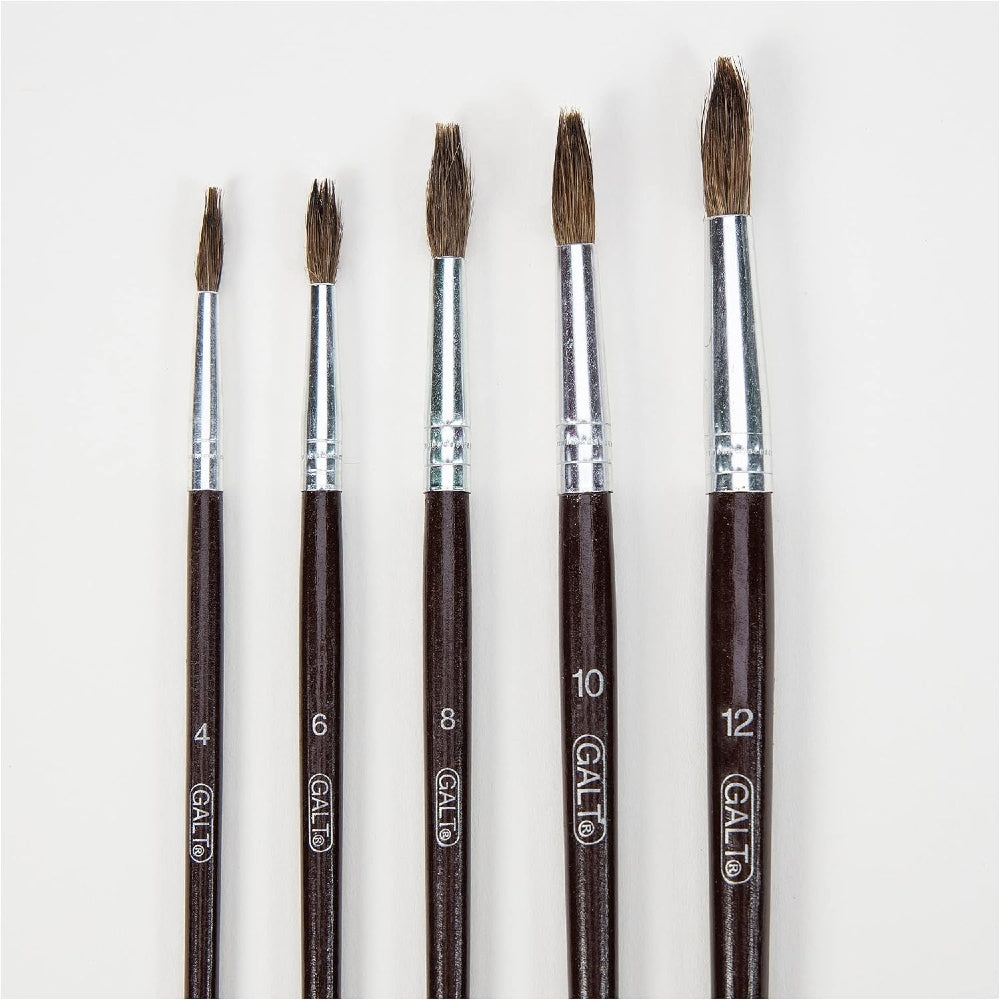 Five GALT brand paint brushes in sizes 4, 6, 8, 10, and 12, arranged vertically on a clean white background.