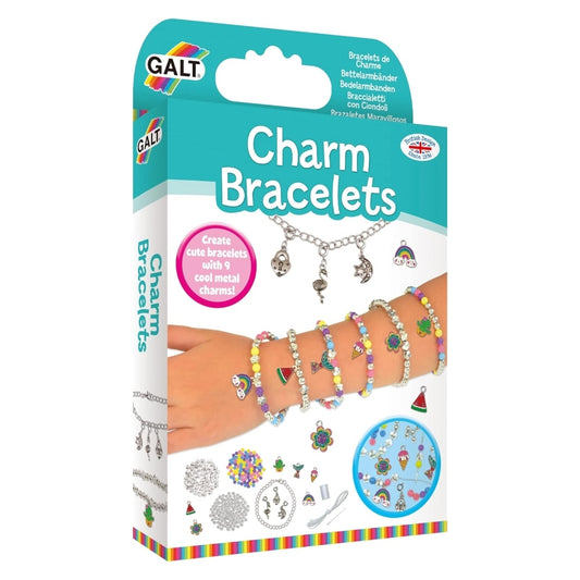 The blue and white packaging for the Galt Charm Bracelet craft kit, with an image of a child's arm wearing a variety of bracelets