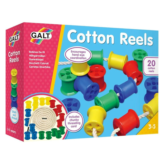 Red and blue box for the Galt cotton reels set, with colourful cotton reels threaded onto cord pictured on the box