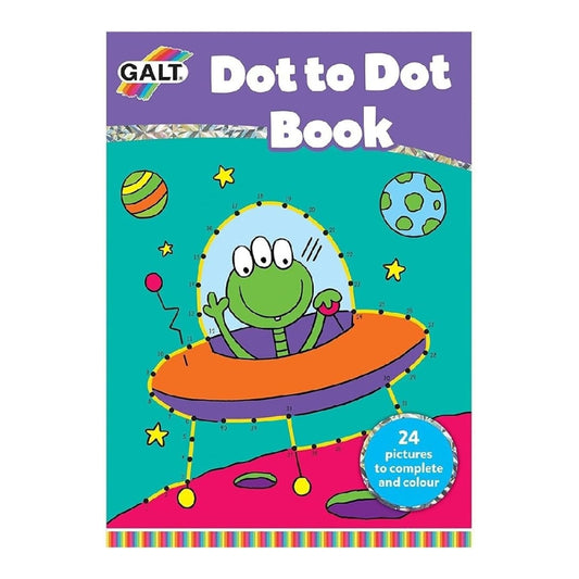 Galt Dot to Dot Book cover featuring a cartoon green alien in an orange and purple UFO on a colourful space-themed background with planets, stars, and a blue badge that reads '24 pictures to complete and colour'.