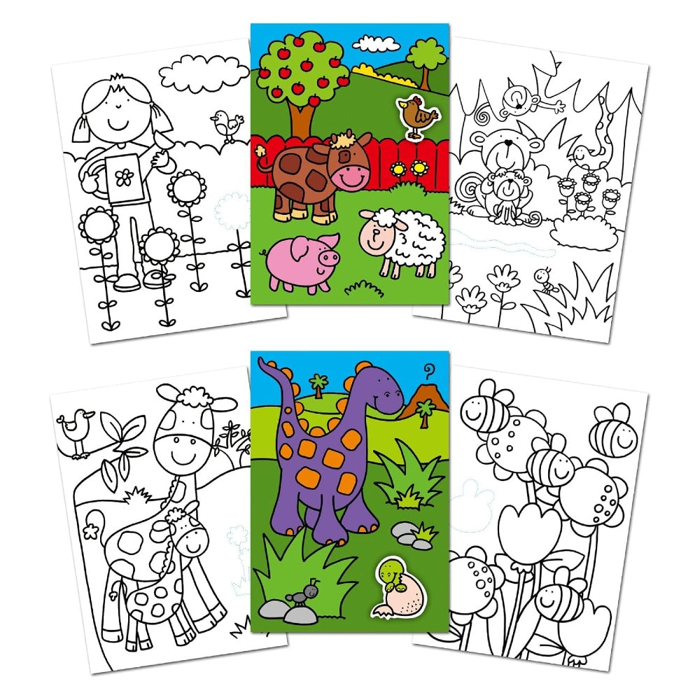 Six children's colouring pages from Galt's first sticker colouring book, arranged in a 2x3 grid on a white background. The centre page shows a colourful cartoon dinosaur scene, while the surrounding pages show black-and-white line drawings of a girl in a flower garden, a cow and pig in a fence, a bee in a tree, a giraffe in a field, and flowers.