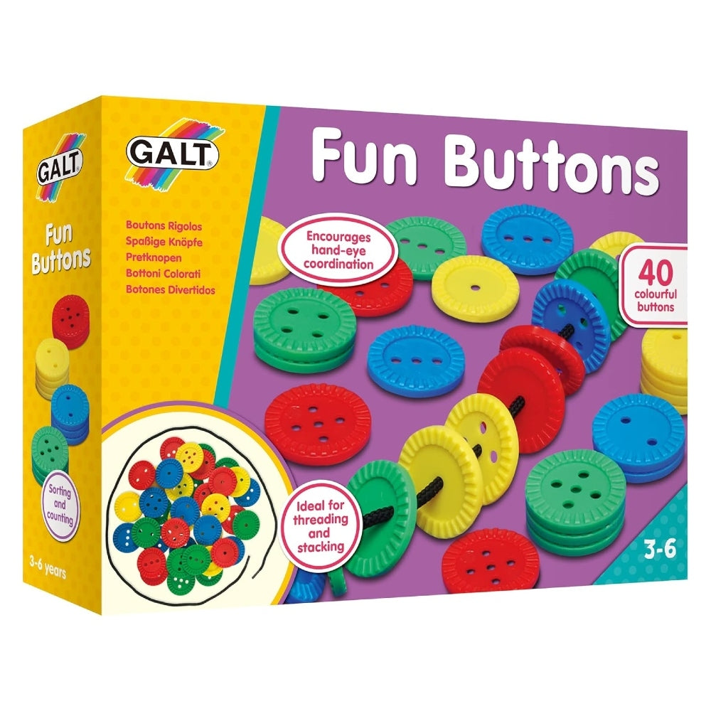 Purple and yellow box for the Galt un Buttons, with an image of colourful plastic buttons threaded on a lace on the front
