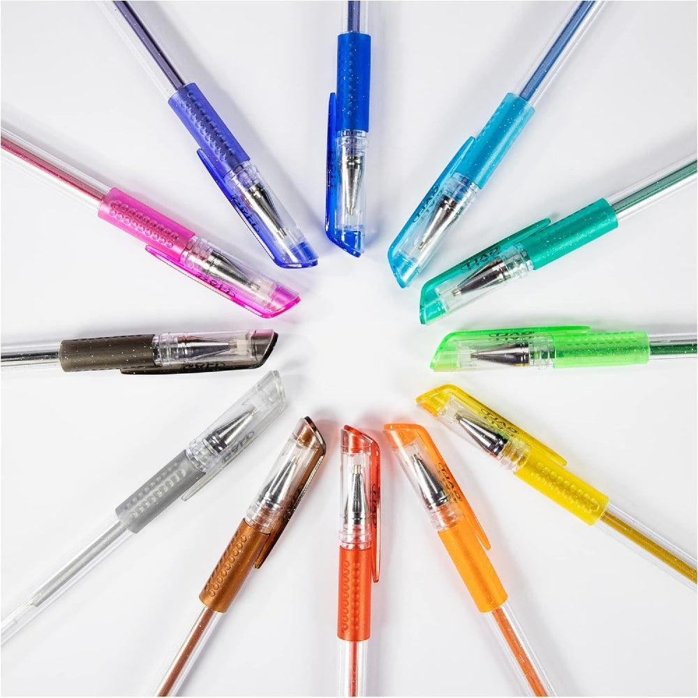 Twelve Galt gel pens arranged in a circular pattern on a white background, showing a variety of translucent glitter ink colours including blue, purple, pink, green, yellow, orange, and brown.