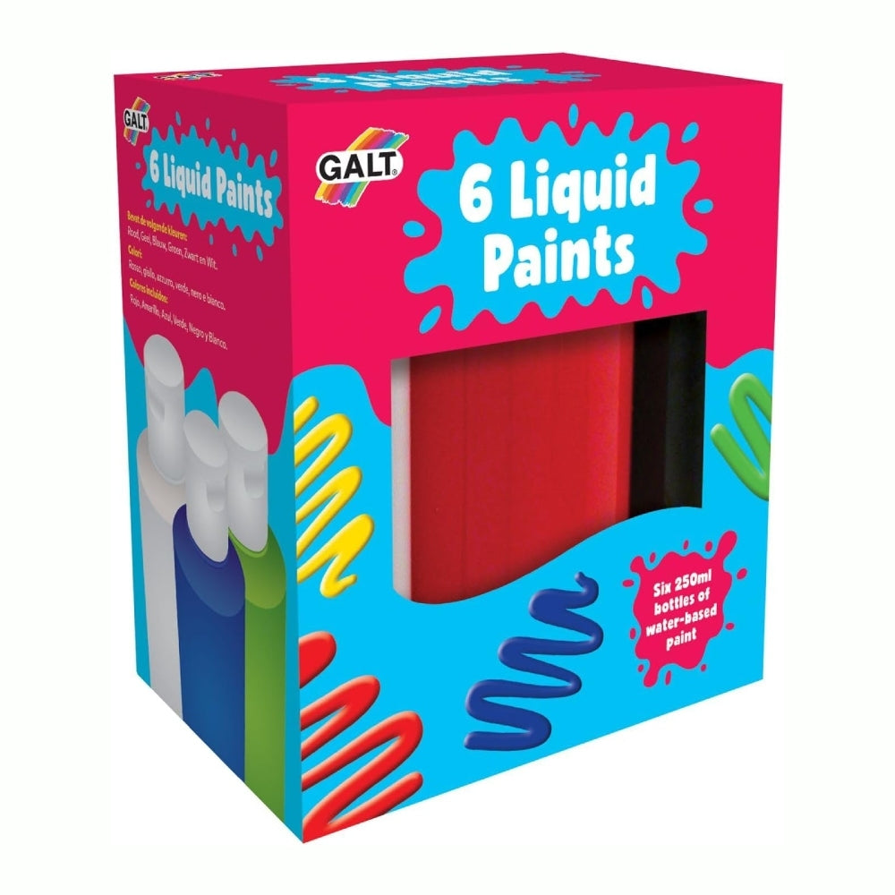 Red and blue box for Galt's 6 liquid paints in bottles