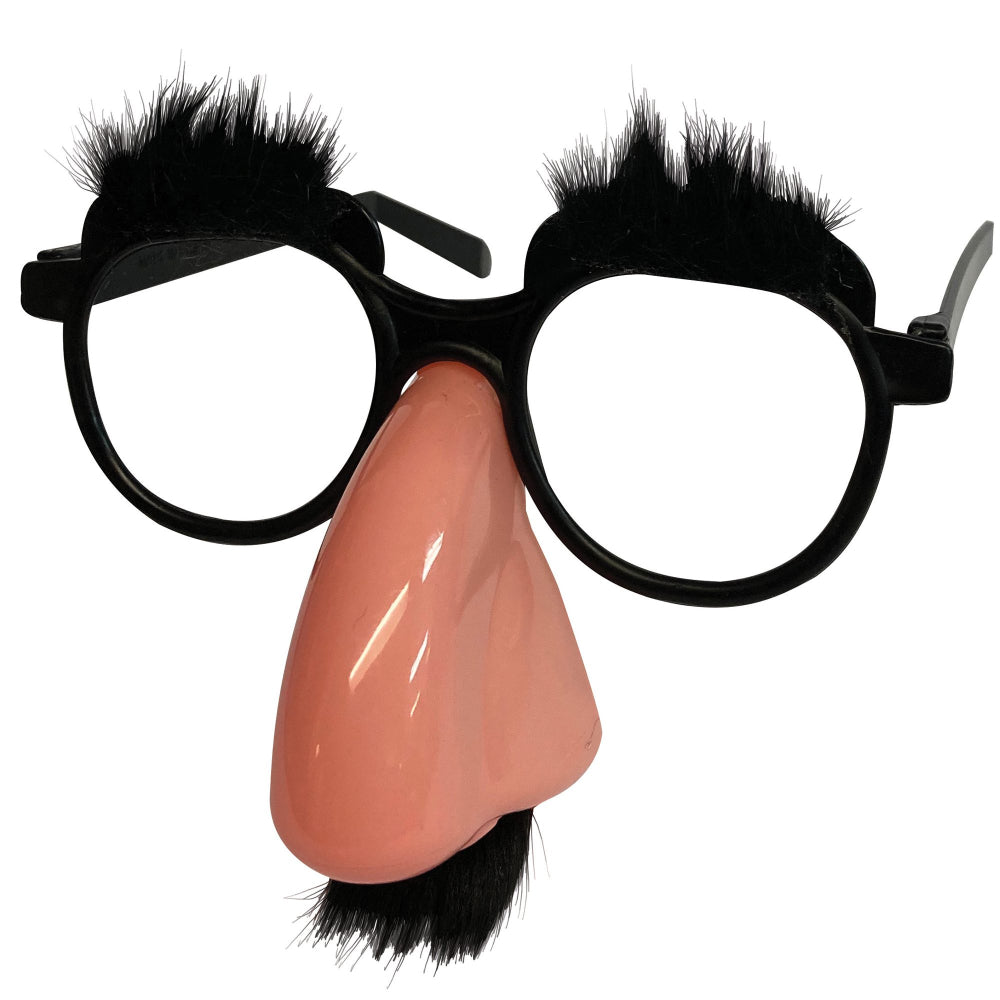 A pair of black, plastic glasses with attached bushy eyebrows, plastic nose and moustache, from House of Marbles