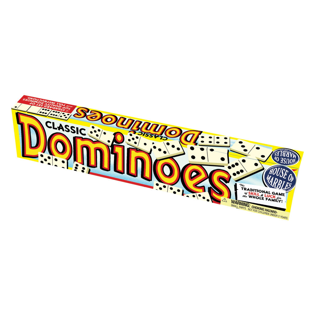 The yellow coloured box for the House of Marbles Classic Dominoes