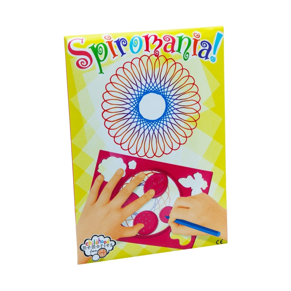 The yellow outer packaging of the House of Marbles Spiromania, with a spiral pattern on the front