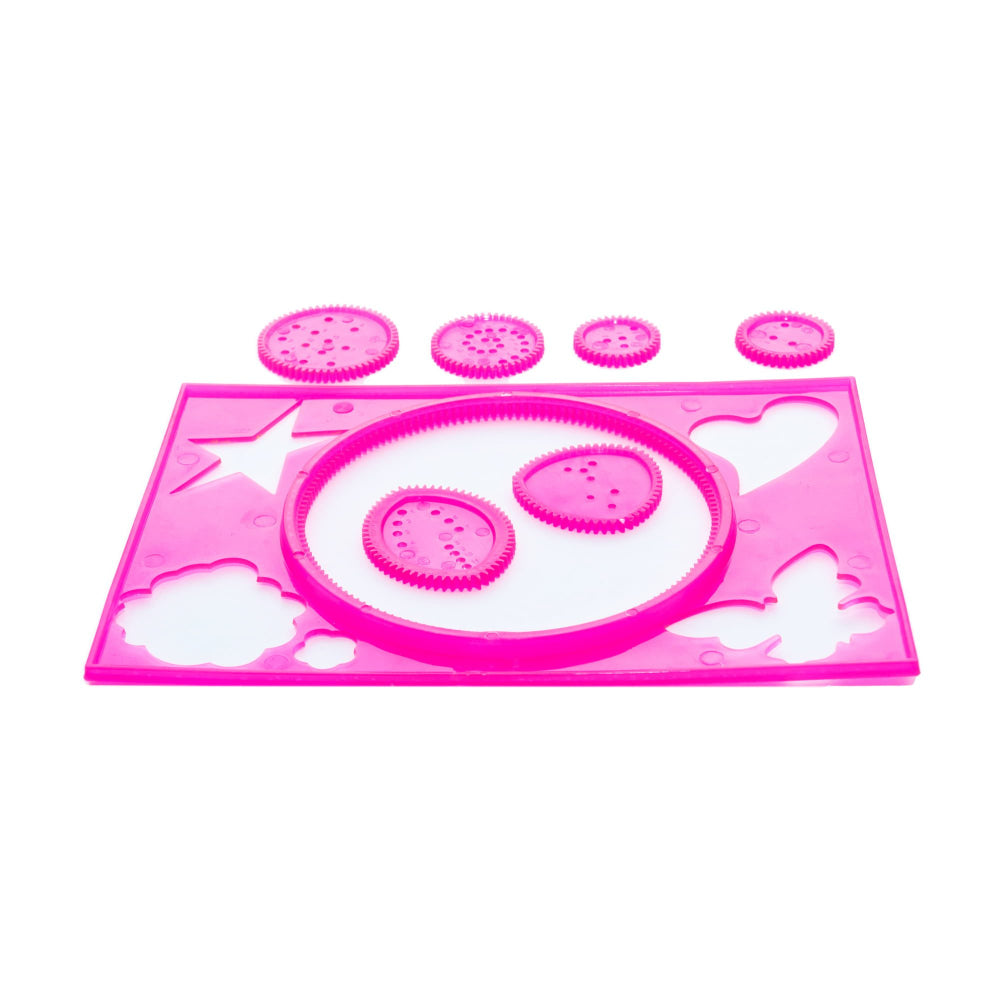 A bright pink plastic gear stencils set featuring a rectangular base with star, heart, and cloud cutouts, a circular section, and four smaller circular gear pieces aligned above, all on a solid white background.