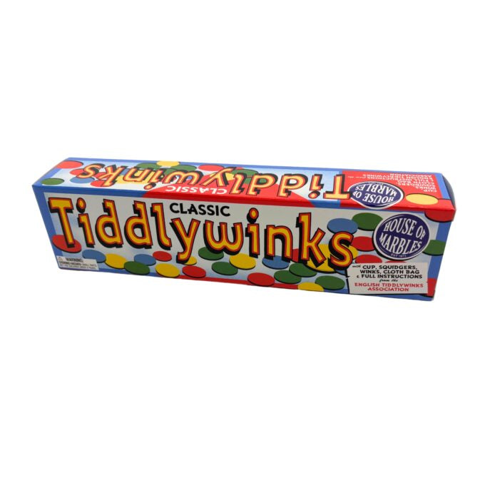 The colourful box for the House of Marbles classic Tddlywinks game. Includes lots of pictures of counters