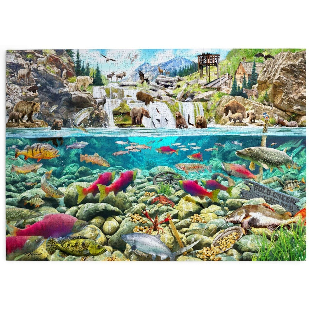 Image for the house of puzzles 1000 piece jigsaw "Gold Creek". It includes fish swimming in the stream and bears in the back