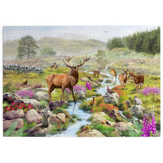 Image for the house of puzzles 1000 piece jigsaw Highland Majesty, with a scene of the Scottish highlands filled with wildlife