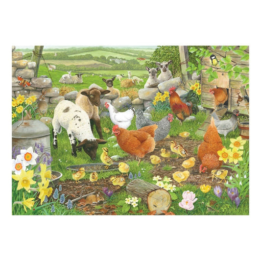 Image of the house of puzzles Big 500 piece jigsaw Spring Chickens, including a country landscape with chickens and lambs