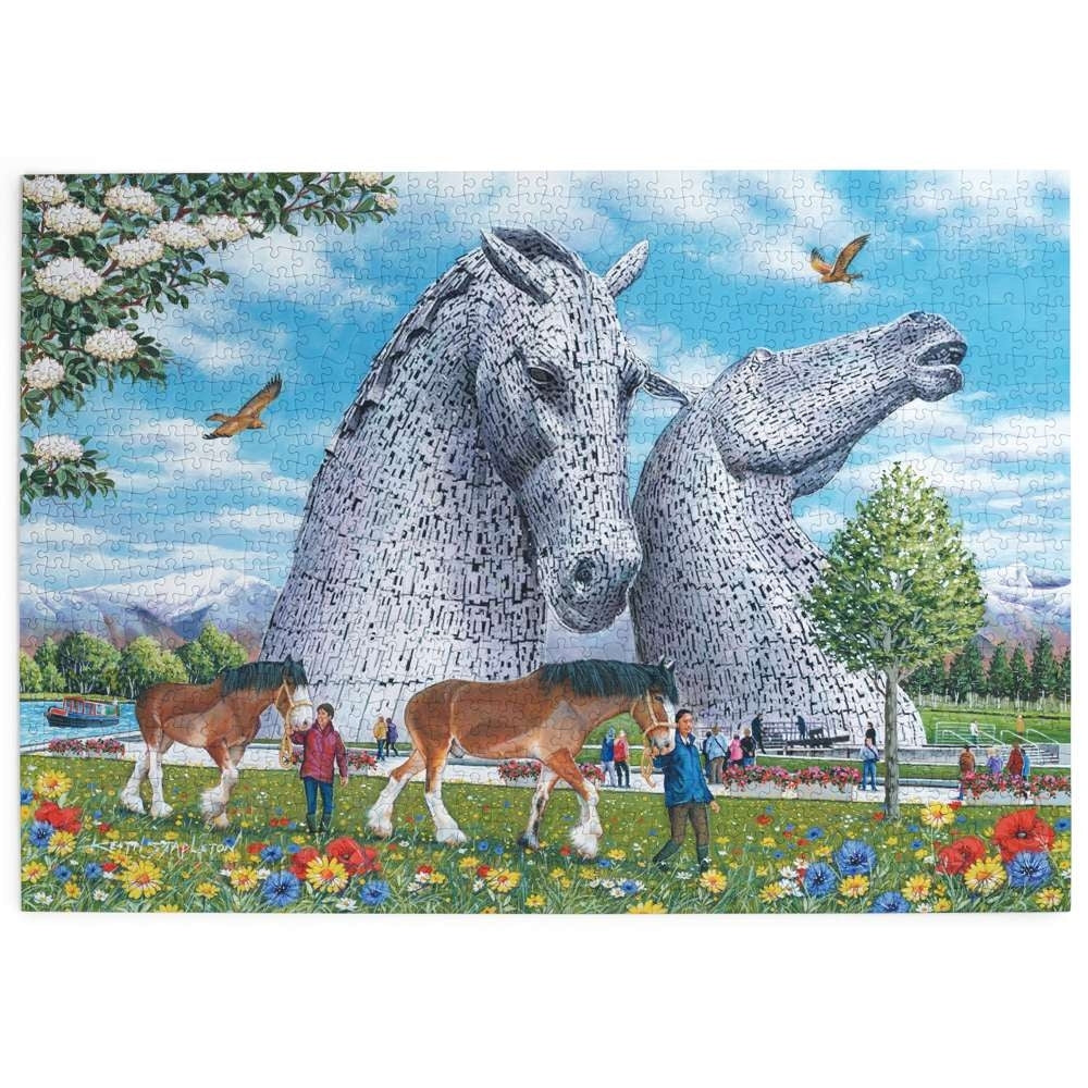 Image of the house of puzzles 1000 piece jigsaw puzzle the Kelpies, depicting a scene with the Kelpie statues on a sunny day with horses being led in the foreground
