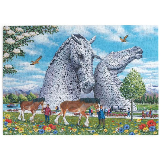 Image of the house of puzzles 1000 piece jigsaw puzzle the Kelpies, depicting a scene with the Kelpie statues on a sunny day with horses being led in the foreground