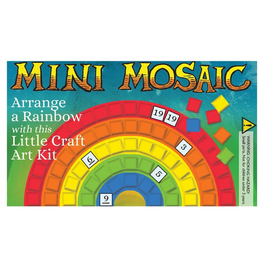 The packaging for a House of Marbles mini mosaic, a picture of a rainbow with colourful little tiles