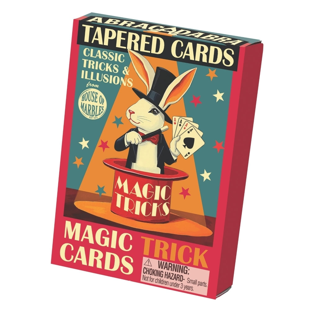 A pack a tapered magic trick cards from House of Marbles, with a bunny coming out of a top hat pictured on the packet