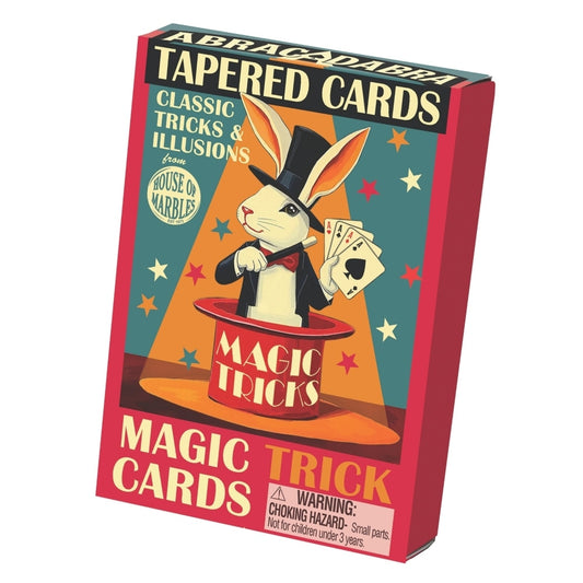 A pack a tapered magic trick cards from House of Marbles, with a bunny coming out of a top hat pictured on the packet