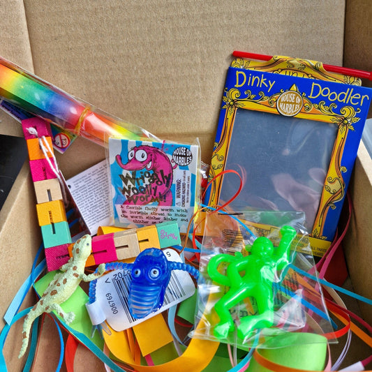 The contents of the jolly box of fun gift box displayed inside the open cardboard box; including a paper rainbow sabre, wriggly woolly worm, dinky doodler, stretchy monkey, finger fright, twisty blocks and animix lizard