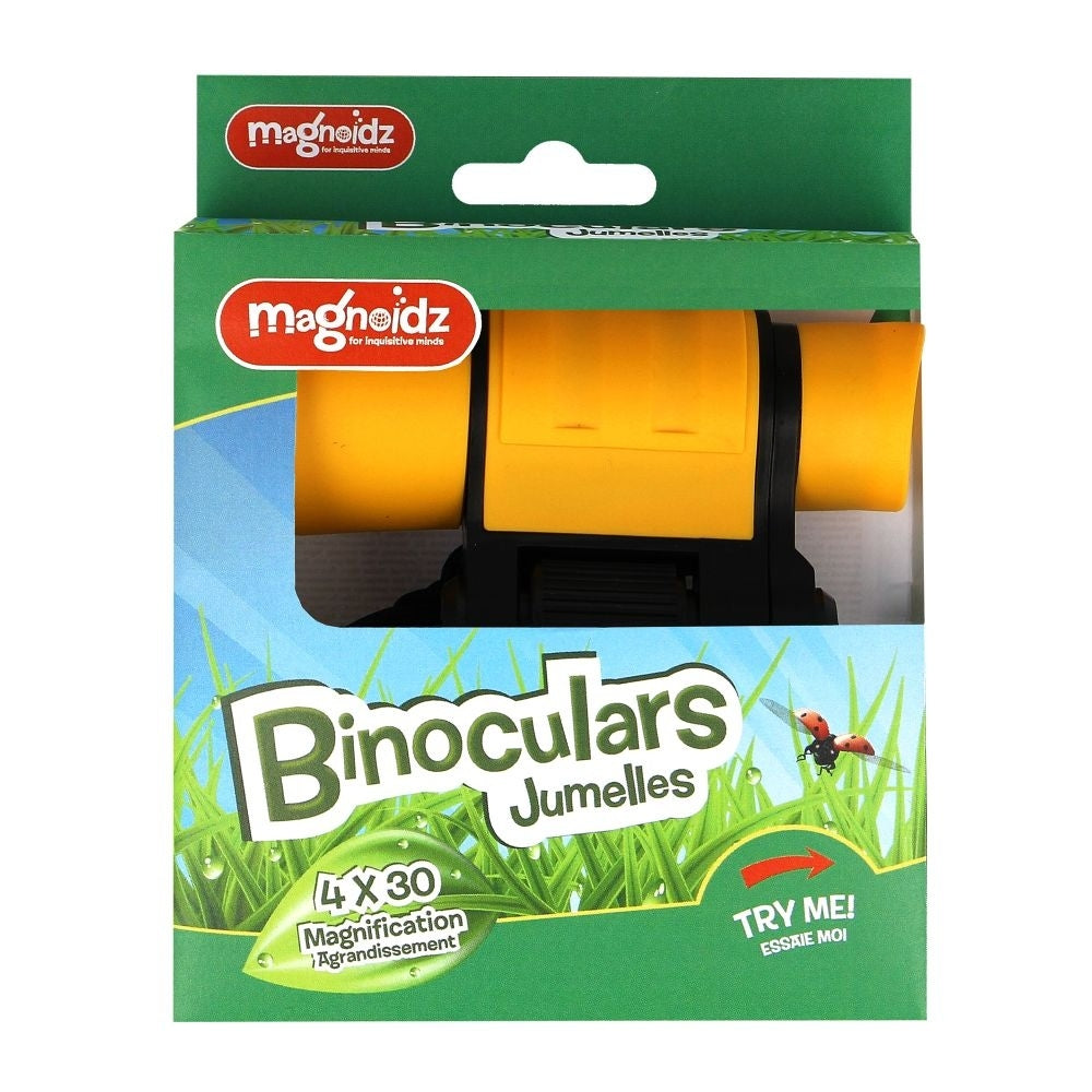 A pair of yellow children's binoculars in a box
