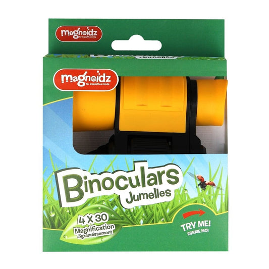 A pair of yellow children's binoculars in a box