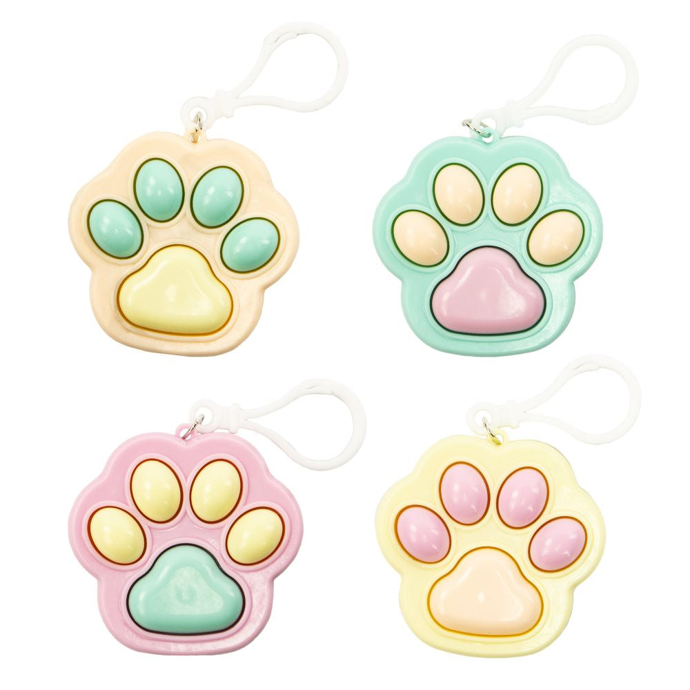 4 colourful cat paw shaped sensory fidget clicker toy keychains from Keycraft on a white background