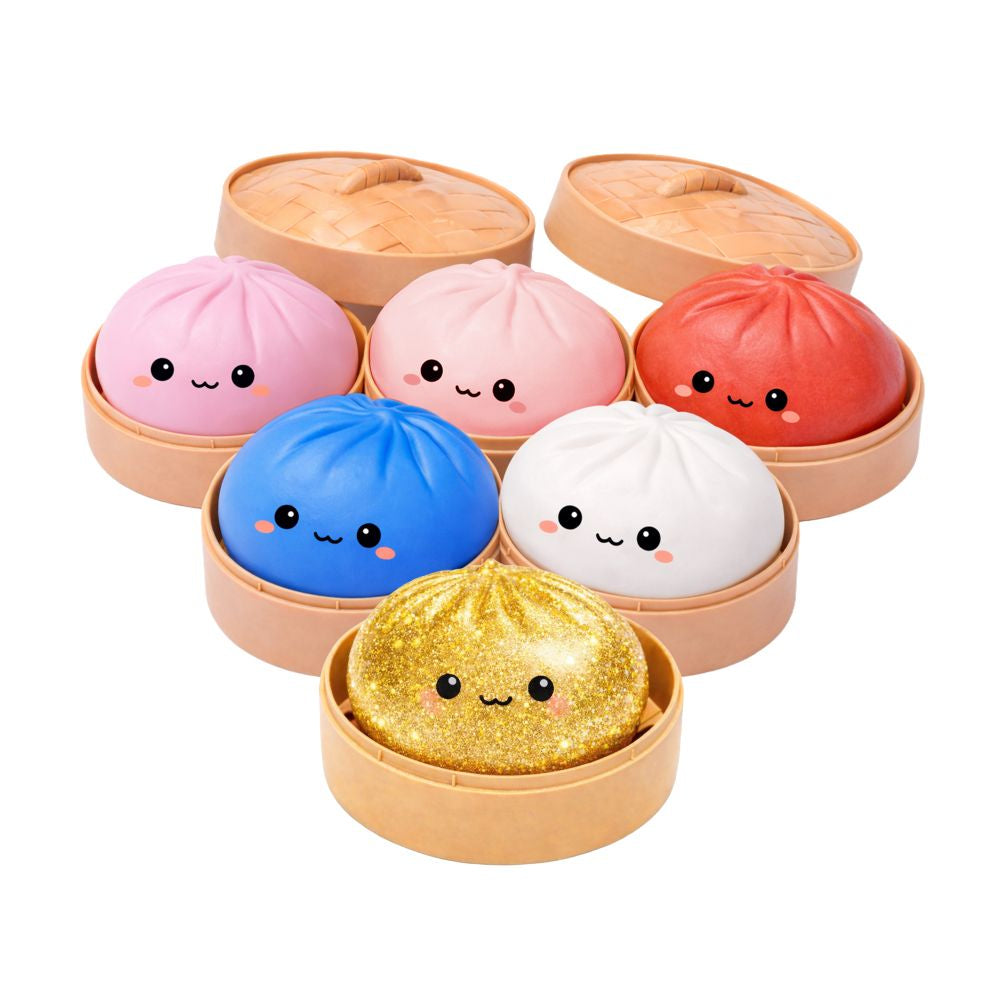From Keycraft, 6 colourful dumpling-shaped squishies with cute faces in a plastic boxes on a white background