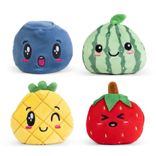 4 sand filled squishy sensory fruits - a blueberry, a melon, a pineapple and a strawberry - with happy faces from Keycraft