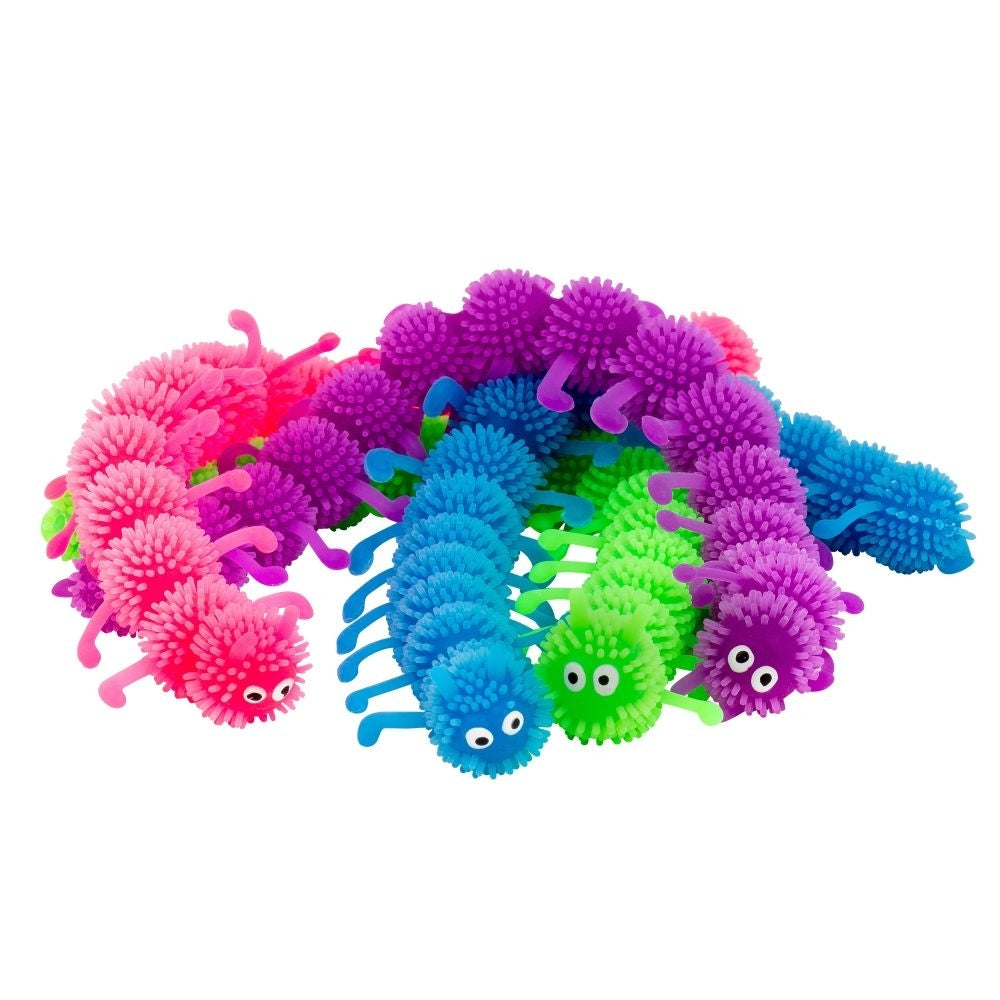 A pile of colourful stretchy centipede fidget toys
