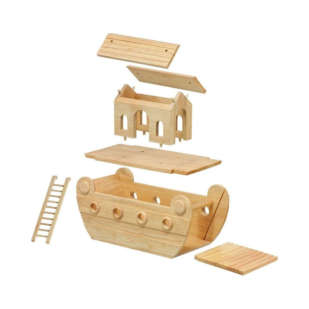 A wooden toy boat set shown in an exploded assembly view on a plain white background, with multiple natural wood pieces including the hull, deck boards, ladder, and small house-like structure.