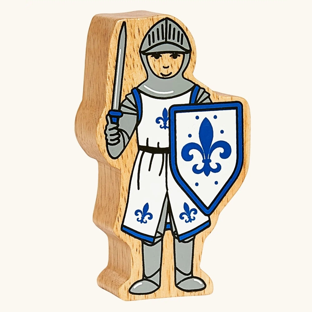 Solid wood toy figure of a blue knight with sword and shield by Lanka Kade