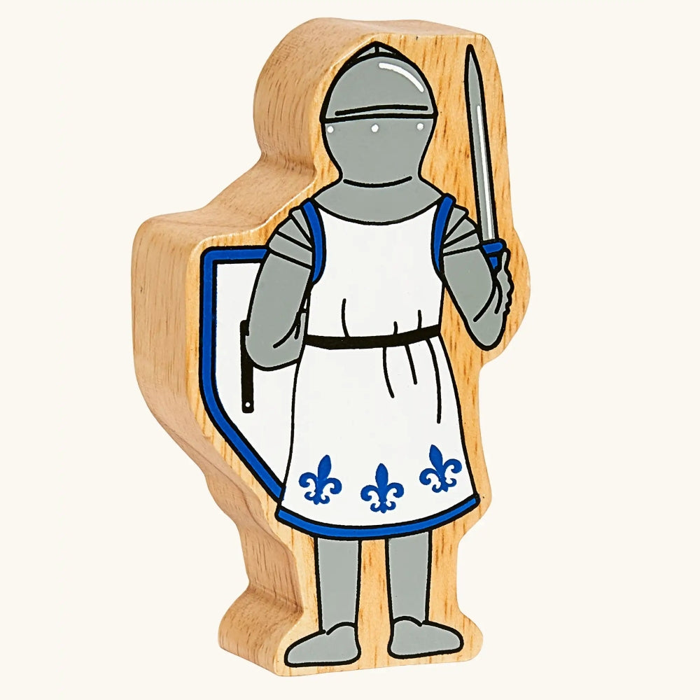 Back of solid wood toy figure of a blue knight with sword and shield by Lanka Kade