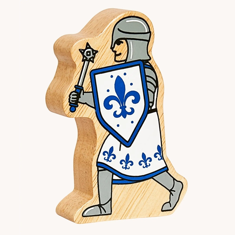 Solid wood toy figure of a blue knight with morning star and shield by Lanka Kade