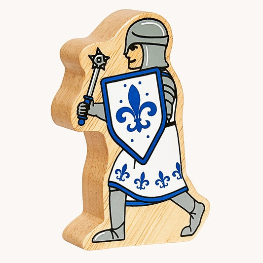 Solid wood toy figure of a blue knight with morning star and shield by Lanka Kade