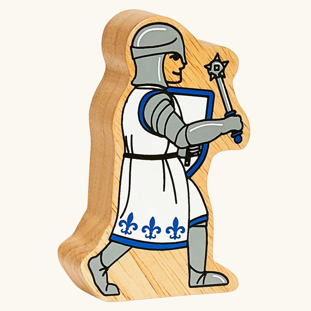 Solid wood toy figure of a blue knight with morning star and shield by Lanka Kade
