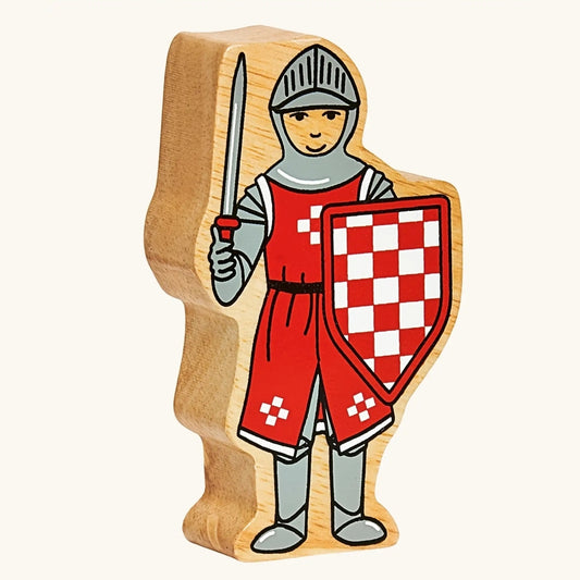 Solid wood toy figure of a red knight with sword and shield by Lanka Kade