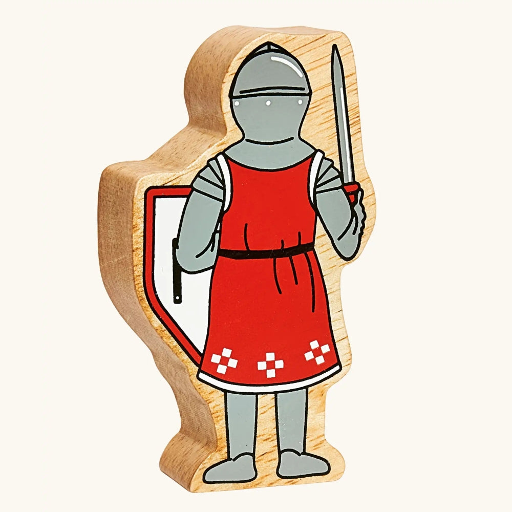 Back of solid wood toy figure of a red knight with sword and shield by Lanka Kade