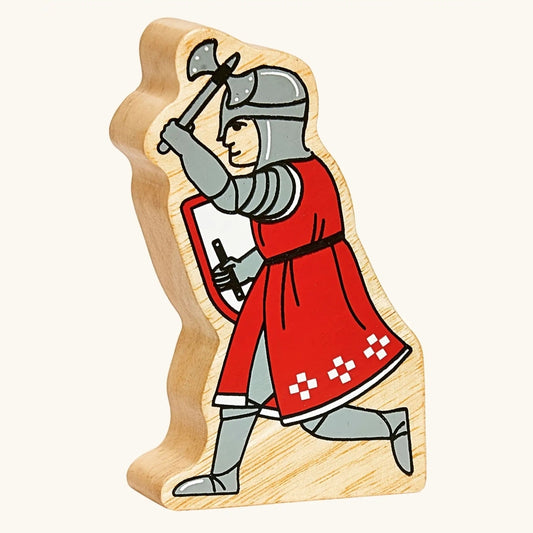 Solid wood toy figure of a red knight with battle axe and shield by Lanka Kade