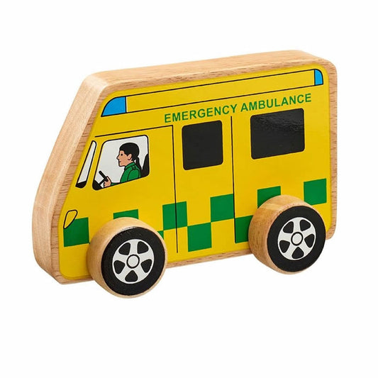 A chunky wooden push along toy ambulance with yellow and checked green sides and a cartoon paramedic driving, and natural wood edges. From Lanka Kade