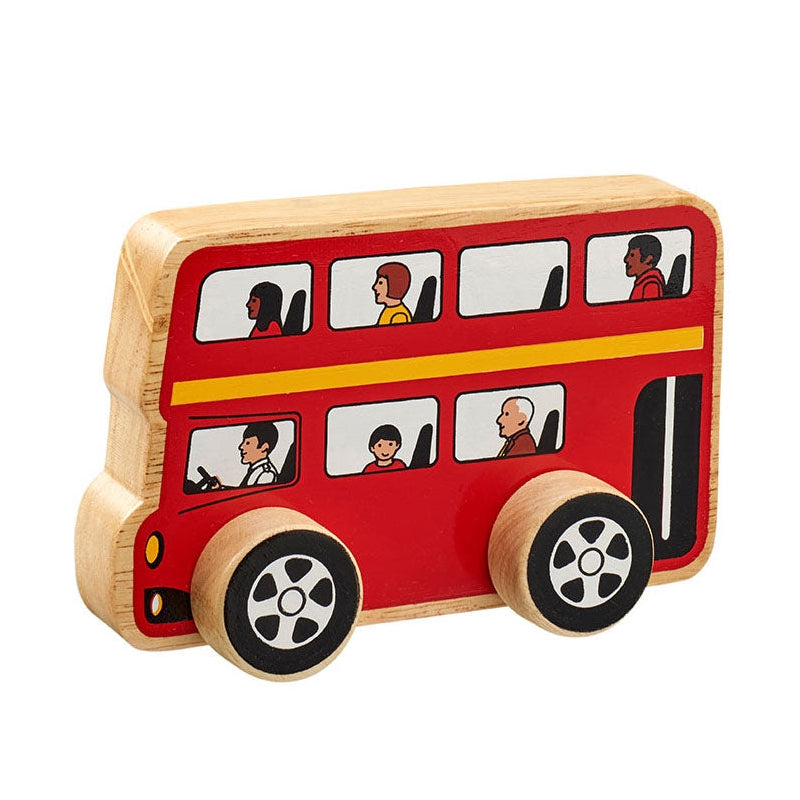 A wooden double-decker toy push along bus in red with natural wood sides and wheels, featuring colorful cartoon passengers in the windows, shown on a white background. From Lanka Kade