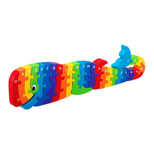 A multi-coloured 26 piece wooden jigsaw puzzle from Lanka Kade in the shape of a whale with 1 letter of the alphabet printed on each piece