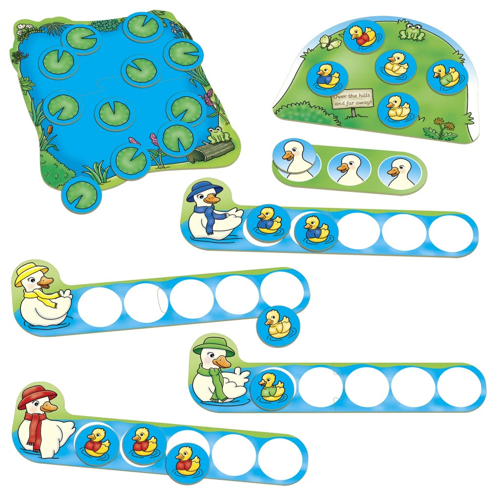 Duck and pond themed game pieces for five little ducks
